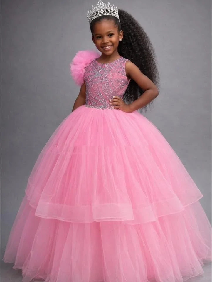 Pink Beading Flower Girl Dress For Wedding Princess Ruffles Girls Birthday Party Kids Pageant Ball Gowns Customized