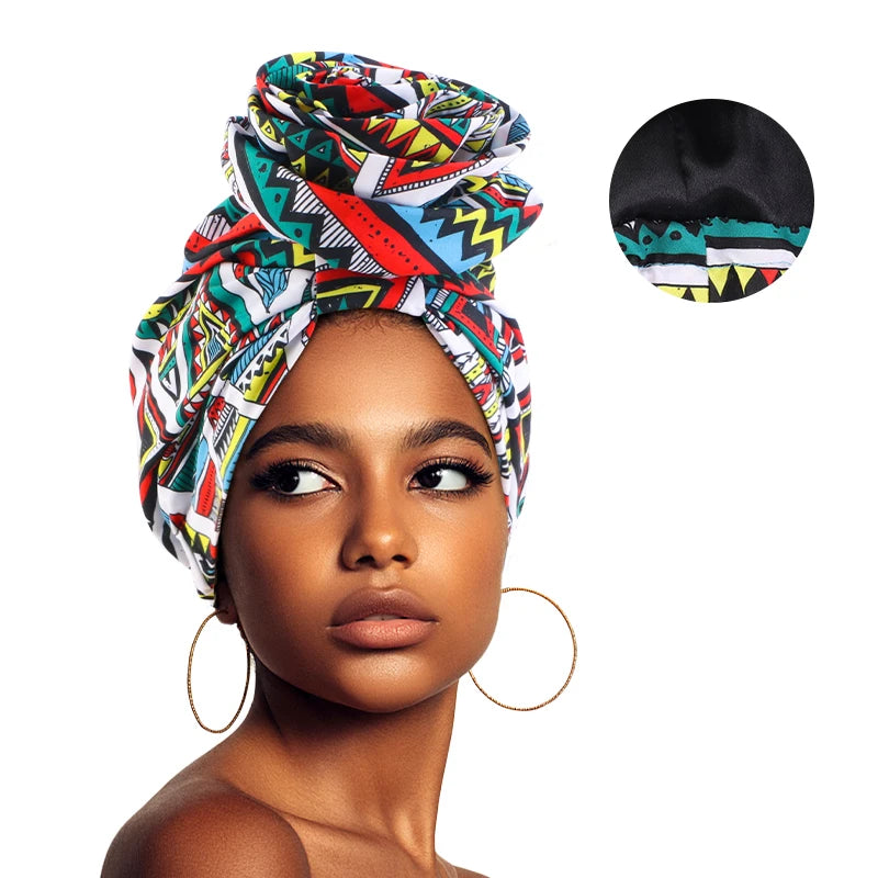 African satin-lined turban cap with large floral print, stylish headwrap and bonnet for women, suitable as a Muslim headscarf or beanie.
