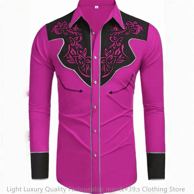 Men's long-sleeved retro denim shirt by Showlu Fashion with 20-color options, loose fit, soft fabric, casual western style.