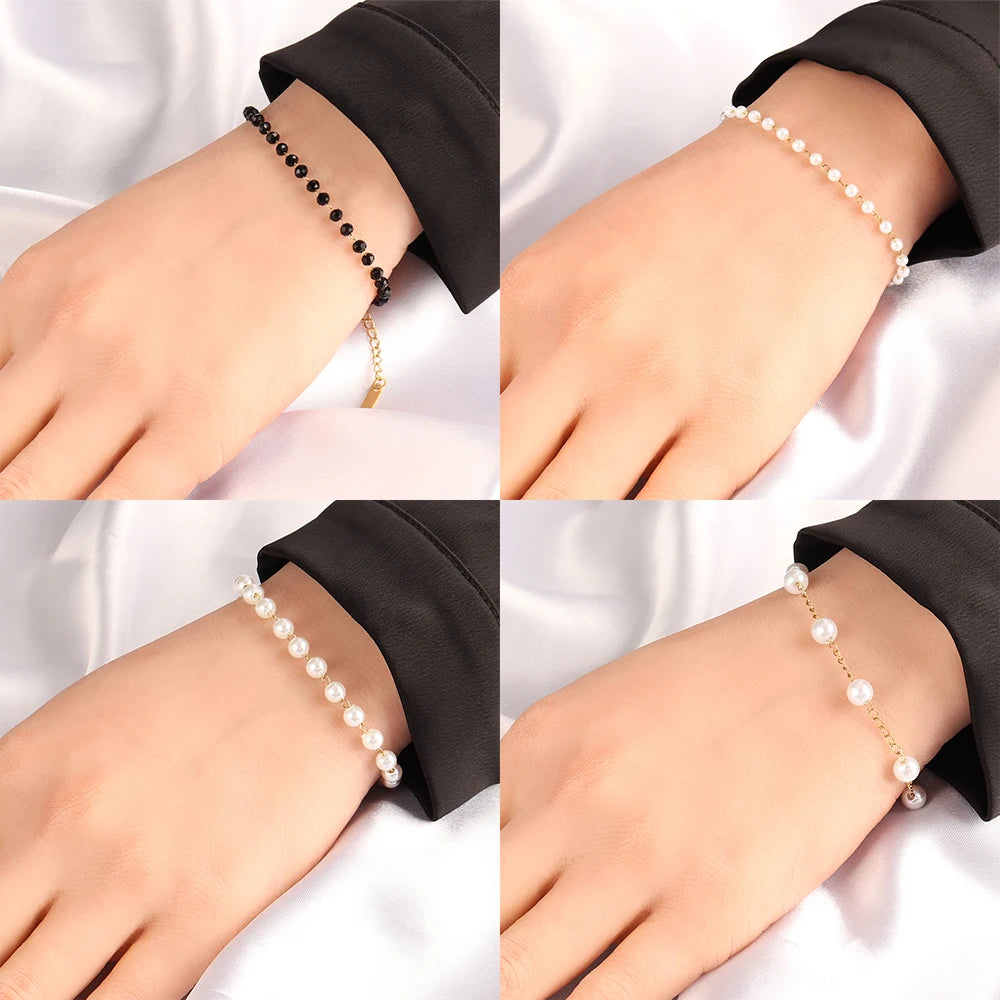 Stainless steel pearl choker necklace with white imitation pearls and delicate clavicle chain for women jewelry.