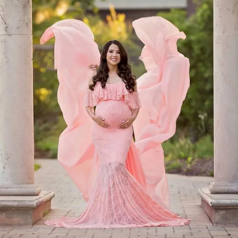 SHOWLU maternity lace flysleeve chiffon dress for photo shoots, featuring elegant lace details and flowy chiffon fabric.