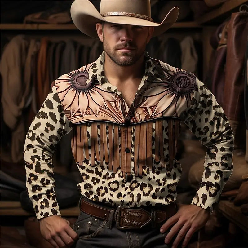 Men's floral leopard print retro western shirt with long sleeves, lapel collar, suitable for outdoor casual autumn and winter wear.