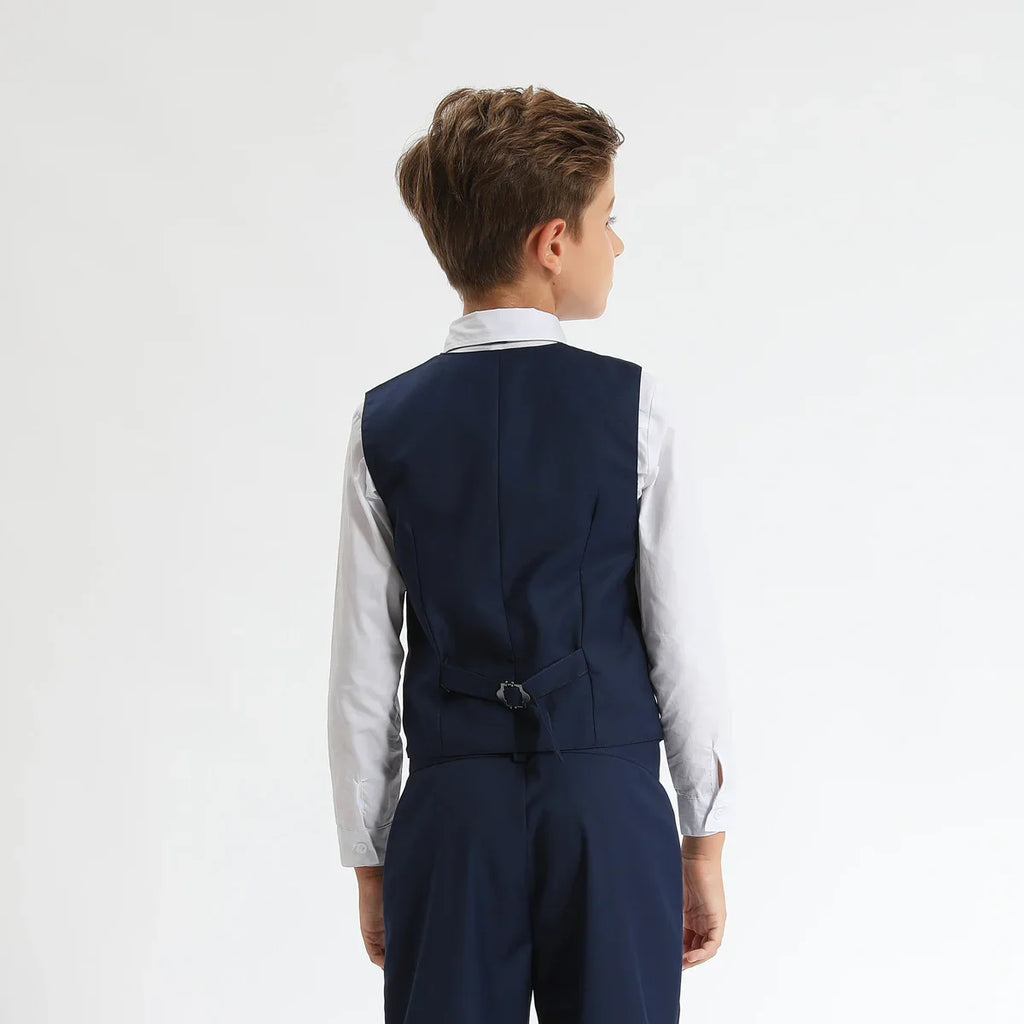 A&J DESIGN boys formal wedding suit with tuxedo blazer, vest, and pants, tailored for a polished, stylish look.