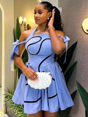 Summer Women Bowknot Shoulder Halter Neck Geometric Striped Big Swing Dress Streetwear Night Club Party Dresses Vestidos 2025