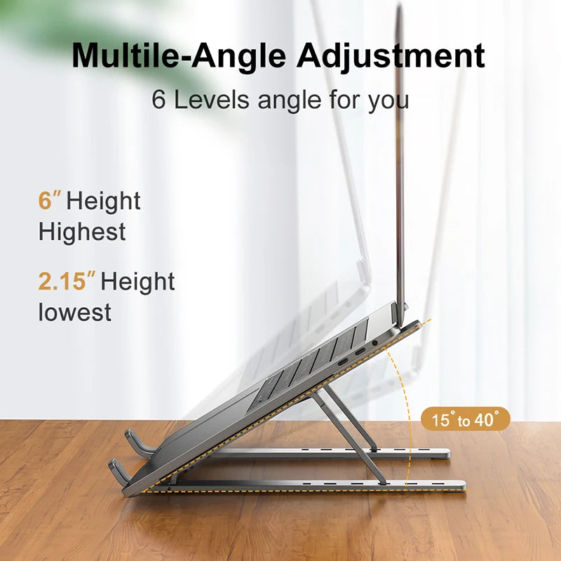 Showlu Aluminum Laptop Stand, foldable 6-level ergonomic riser with adjustable height for improved comfort and workspace organization