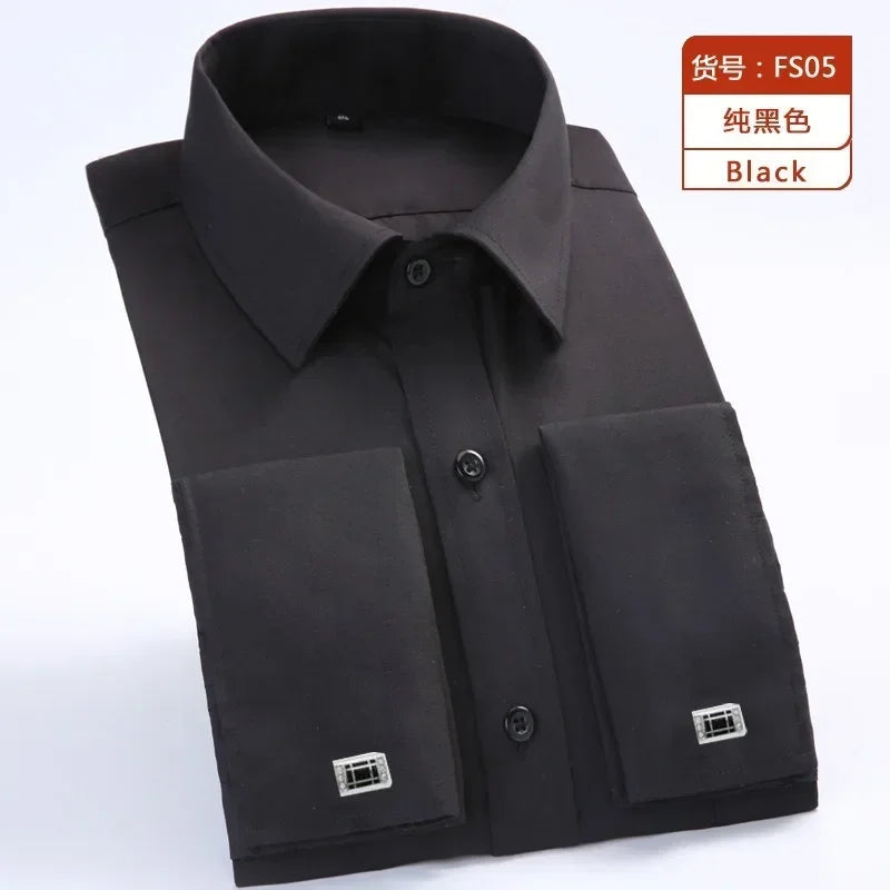 Men's formal French cuff dress shirt with long sleeves, solid and striped style, includes cufflinks, available in plus sizes.