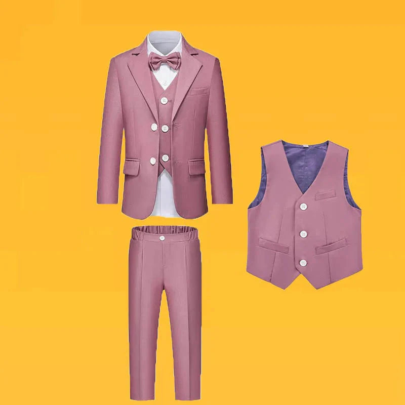 Boy's pink formal suit including jacket, vest, pants, and bowtie by LUOBOBEIBEICN, ideal for special occasions and events.