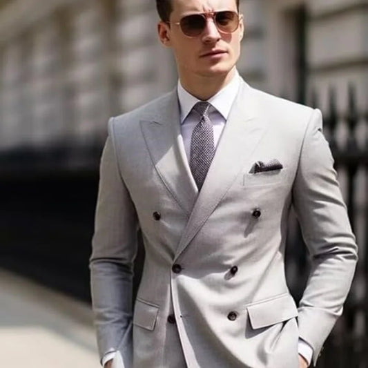 Men's double-breasted suit jacket with fitted plain color sport coat style jacket