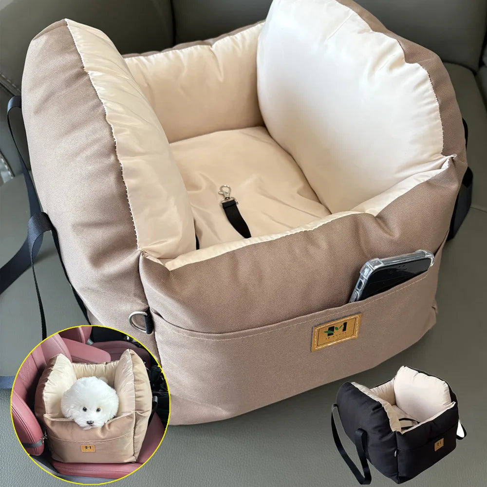 Showlu Dog Car Seat with Safety Belt, washable booster travel bed featuring padded interior and adjustable straps for pet safety.