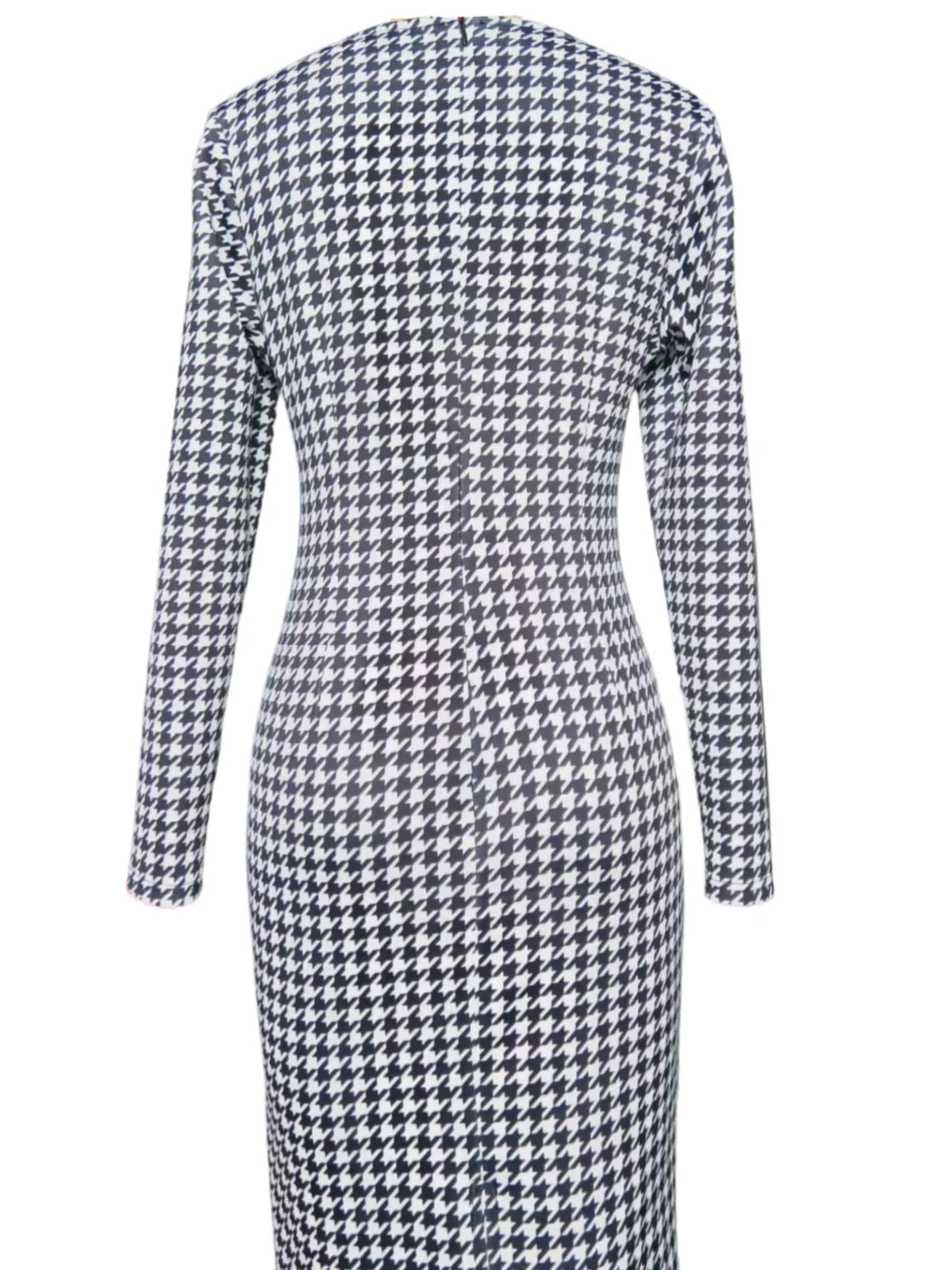 Showlu plaid midi dress with slim fit, long sleeves, and a slit, featuring a classic plaid pattern and elegant pencil silhouette.
