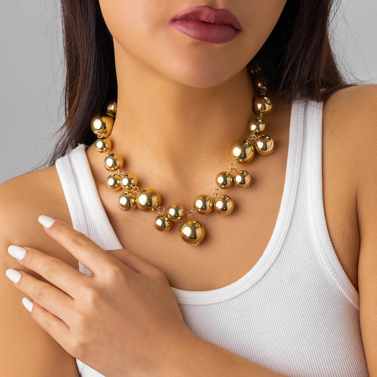 Exaggerated acrylic CCB big ball bead chain necklace for women, vintage chunky steampunk jewelry, shows unique grunge style.
