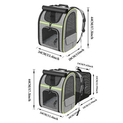An expandable grey pet carrier backpack with mesh windows and dimensions shown in centimeters and inches.