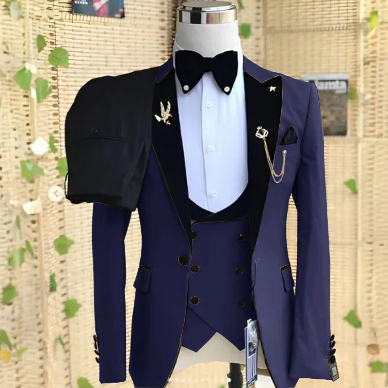 Beige formal men's 3-piece tuxedo suit with peaked lapel, blazer, pants, and vest, suitable for weddings, business, and parties.