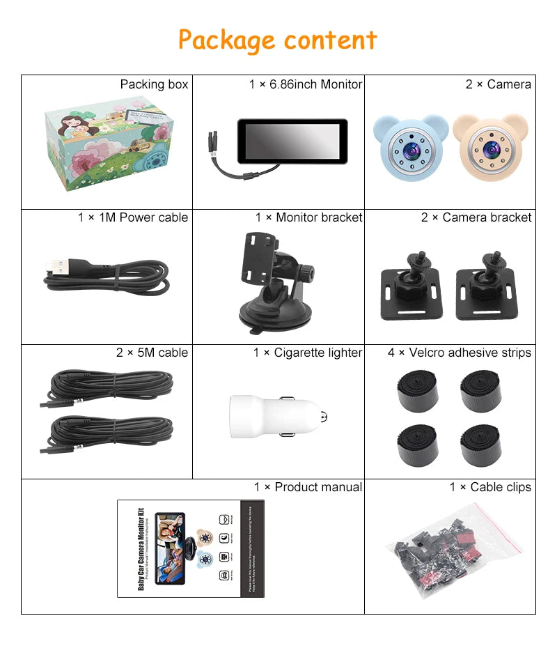 Showlu Smart General baby car camera showing a clear view of the vehicle's interior with mounting hardware and display screen.