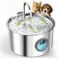 A stainless steel pet water fountain with a faucet spout and a side water level window.