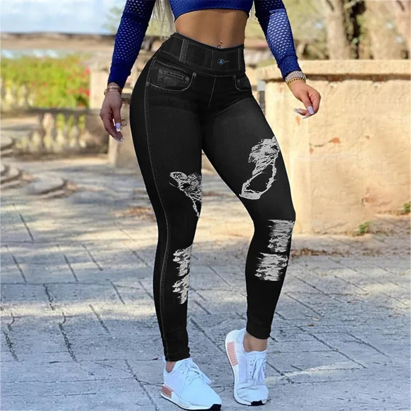 High-waist denim look print leggings for women featuring tummy control and butt lift, slim fit spring summer pencil pants.