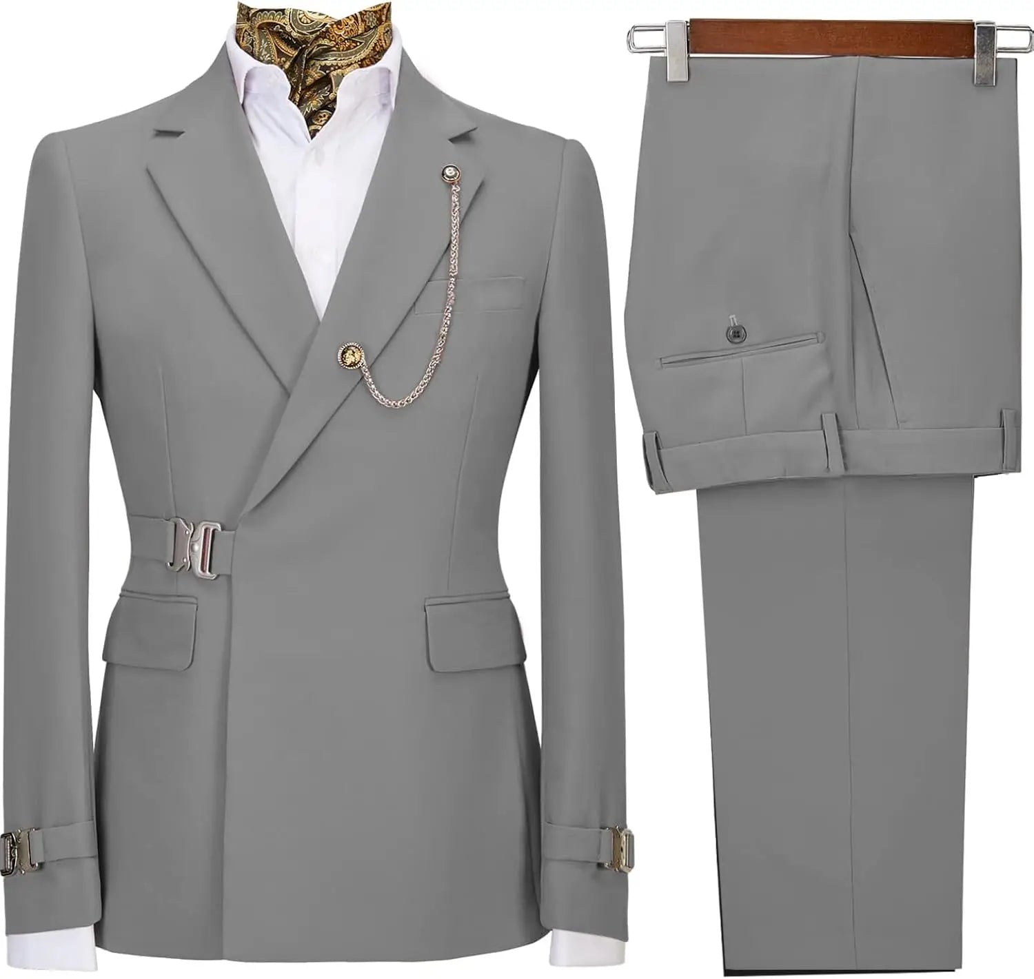 Men's slim fit business tuxedo suit with metal clasp, stylish 2-piece formal suit for men, featuring a tailored jacket and matching trousers.