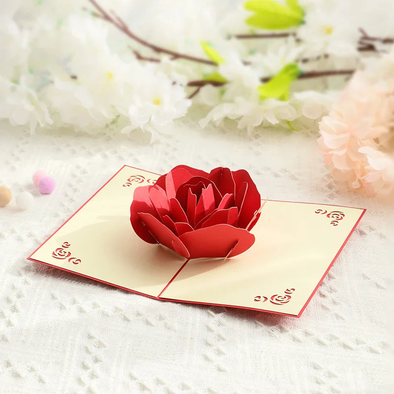 Showlu Fashion 3D pop-up rose Valentine's Day greeting card with intricate floral design and heartfelt message inside.