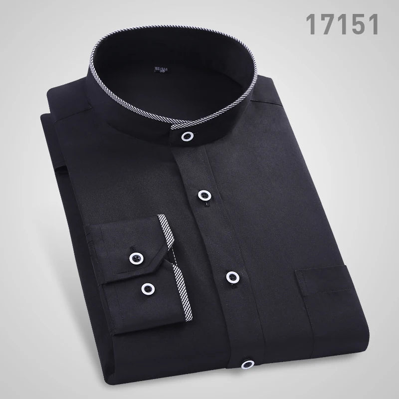 Men's white slim fit stand-up collar shirt with long sleeves and vertical collar, classic round neck by Showlu Fashion Store