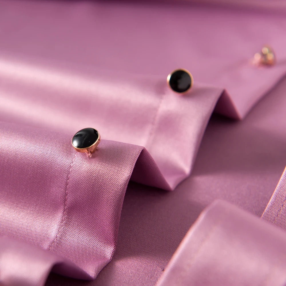 Men's long sleeve silk-feel dress shirt with diamond buttons, stretch fabric, ideal for formal occasions and parties.