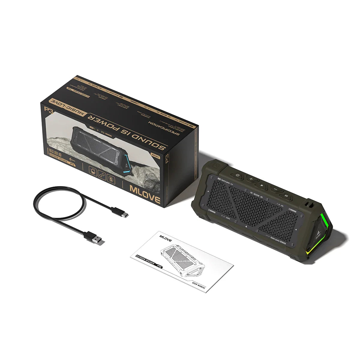 SHOWLU FASHION STORE MLOVE P3 outdoor Bluetooth speaker with 40W stereo sound and IPX7 waterproof design, shown in image.