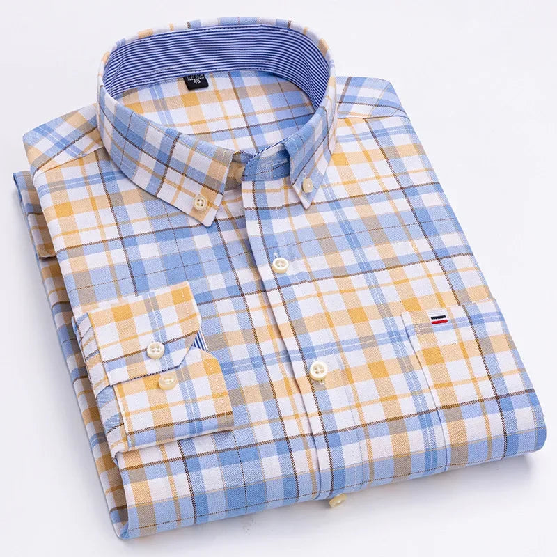 Men's long sleeve plaid Oxford dress shirt in solid color, casual smart fit, 100% cotton, oversized 6XL from Showlu Fashion.