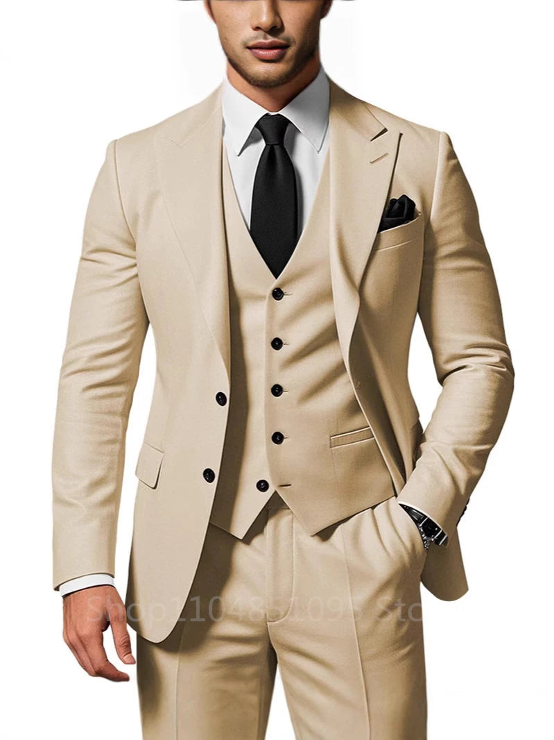 Three-piece men's wedding suit with peak lapel jacket, pants, and vest, stylish formal tuxedo for groom or prom by Showlu Fashion.