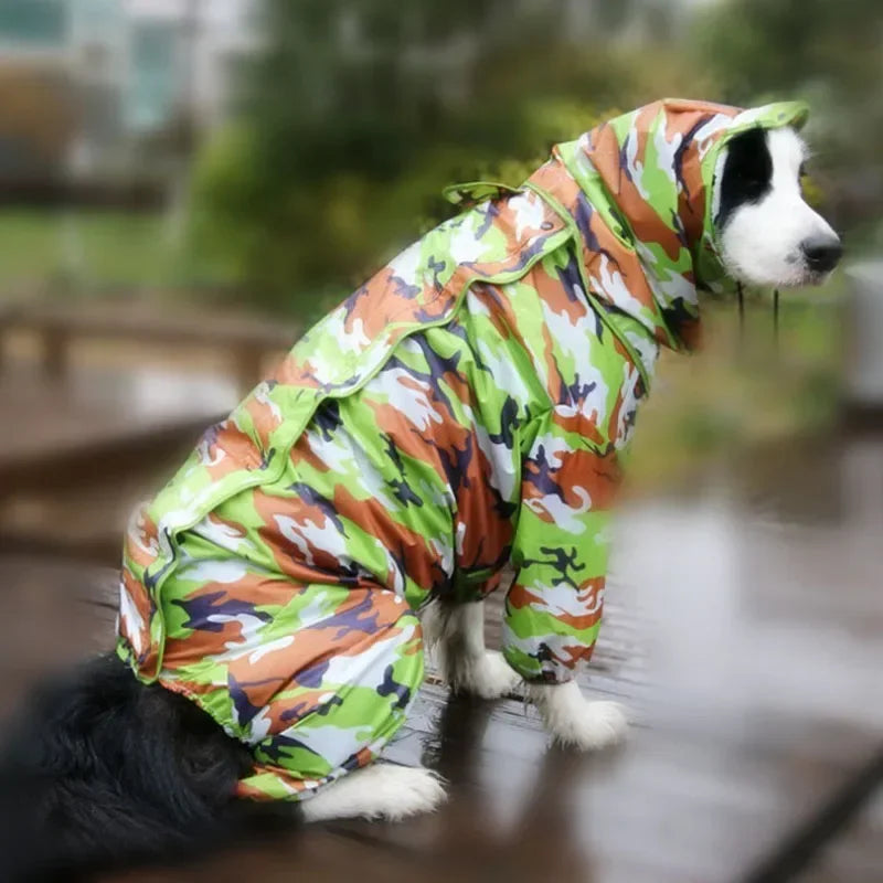 Showlu waterproof dog raincoat hoodie made of PU leather, designed for large dogs, with a stylish poncho style and adjustable fit.
