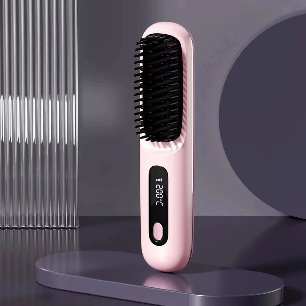 Showlu Smart wireless ionic hair straightener brush in black with anti-frizz technology, designed for sleek, smooth styling.