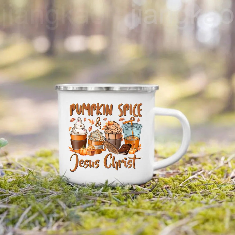 Showlu Pumpkin Spice Jesus Christ enamel mug with fall-themed design, perfect for camping and coffee lovers.
