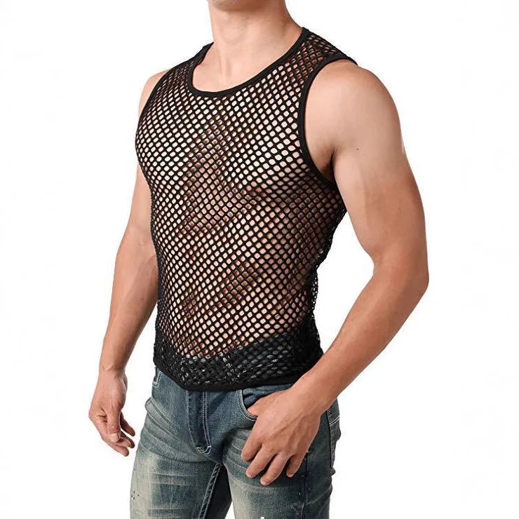 Men's mesh tank top by Showlu Fashion, transparent summer sleep vest undershirt, lightweight and breathable for warm weather.