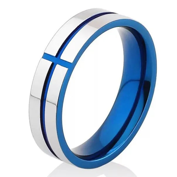 Mango Sky Titanium Steel Christian Cross Bible Ring, 8mm unisex band with engraved cross design, durable and stylish jewelry accessory.