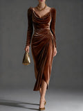 Showlu Women's velvet V-neck bodycon dress with slim fit and pleated A-line design, shown in deep burgundy color.