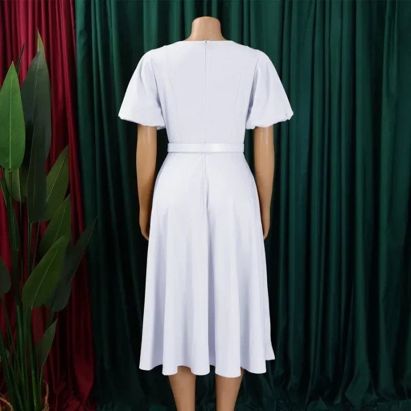 Women's puff sleeve A-line office dress with belt by SHOWLU FASHION STORE, featuring a stylish and professional design.