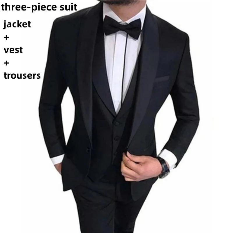 Black men's 3-piece slim fit tuxedo suit with shawl lapel, wedding set, by SHOWLU FASHION STORE, shown on a hanger.