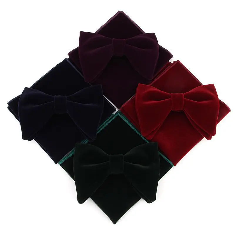 Showlu Fashion men's velvet bowtie, pocket square, and handkerchief set with custom logo, perfect for wedding and formal attire.