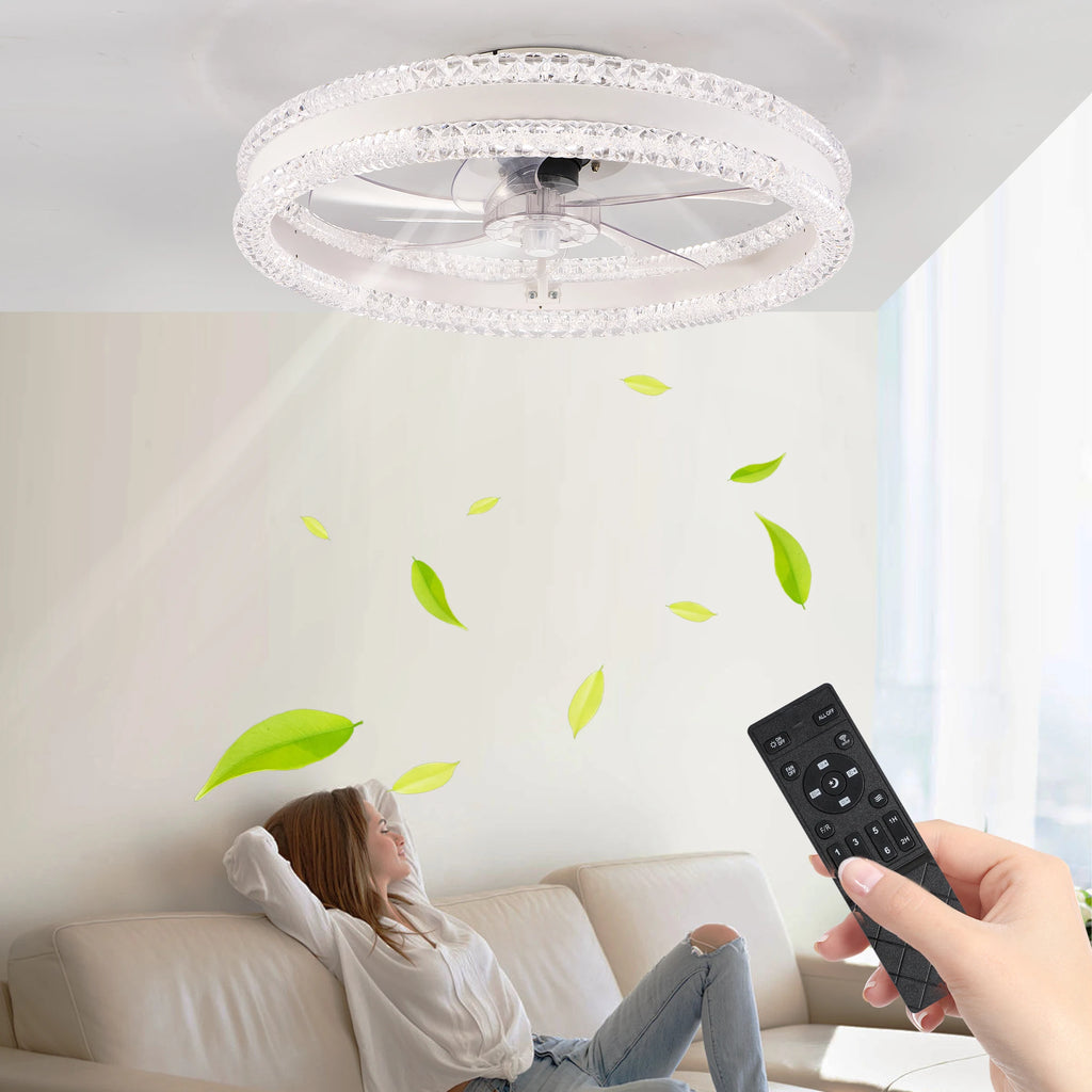 Modern white FAISHILAN 20-inch LED ceiling fan with light, flush mount design, shown in a contemporary interior setting