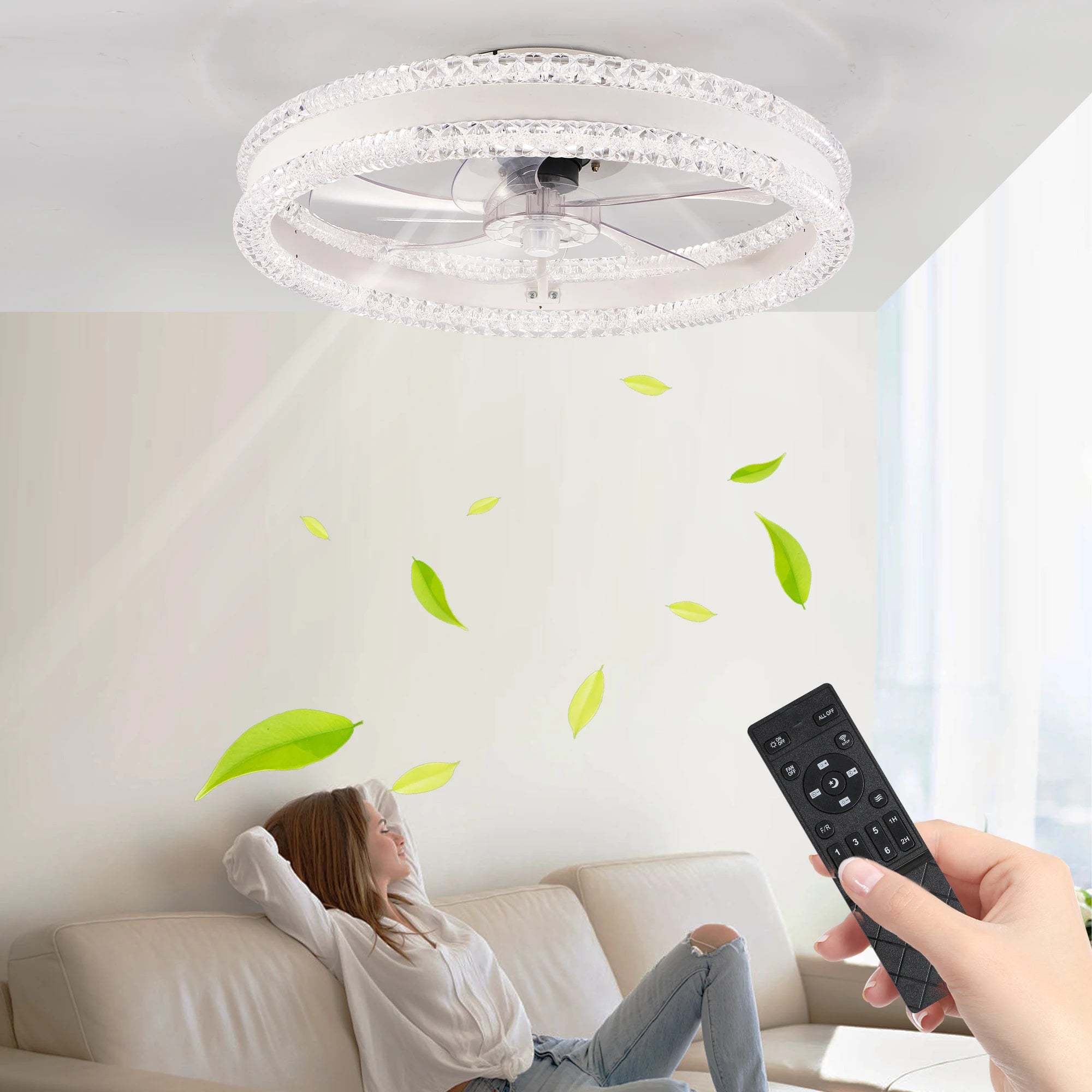 Modern white FAISHILAN 20-inch LED ceiling fan with light, flush mount design, shown in a contemporary interior setting