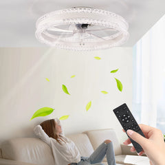 A white double ring LED ceiling fan with a modern flush mount design and dimmable lighting.