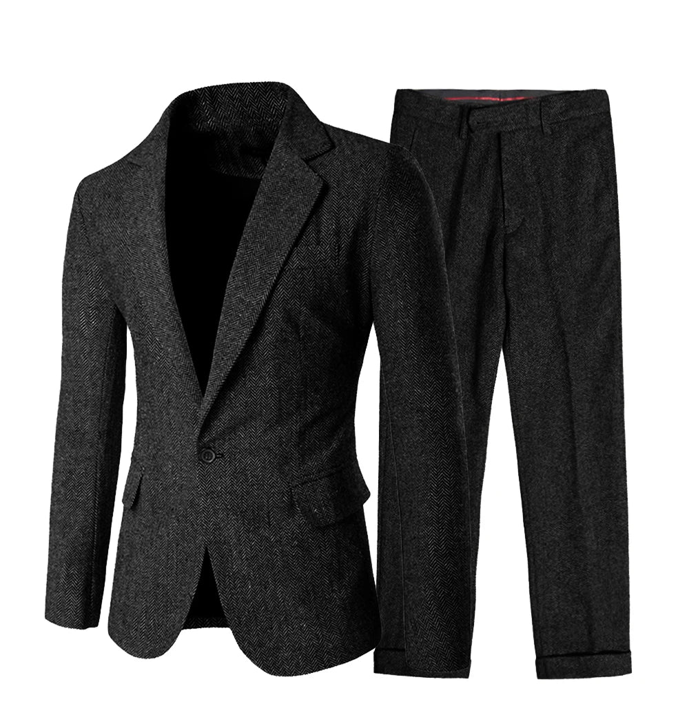 Elegant Men's Suit Set 2 Pieces Classic Fit One Button Daily Business Suits Herringbone Wool Wedding Groomsmen(Blazer+Pants)