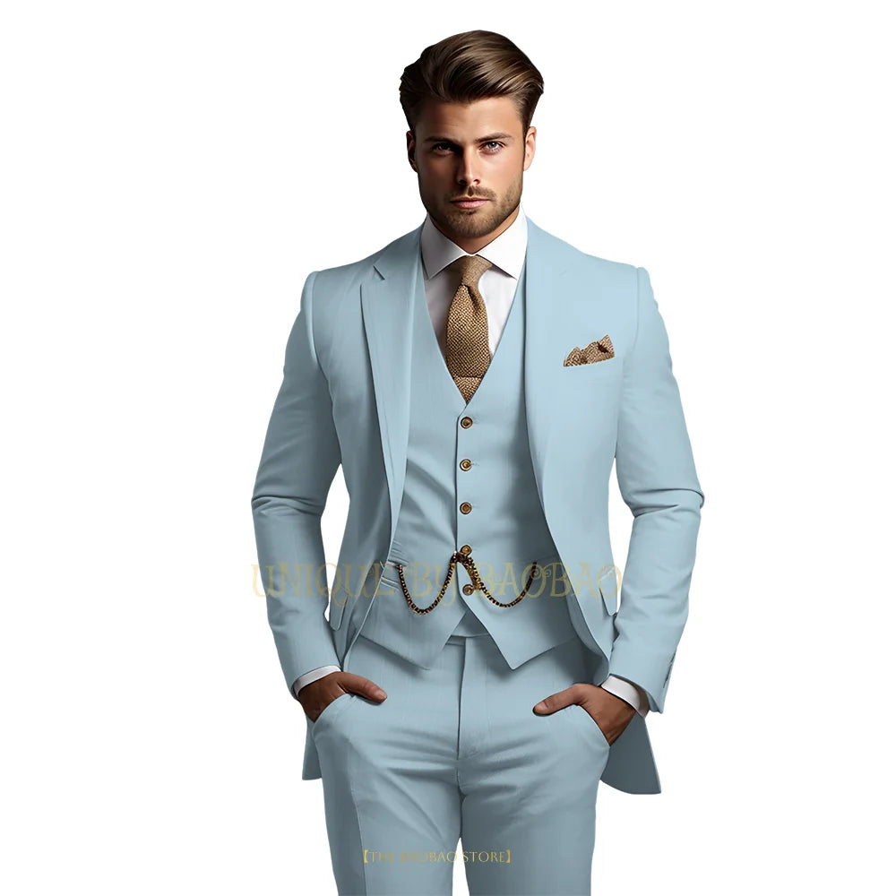 Men's grey 3-piece suit with jacket, vest, and trousers, stylish wedding and formal attire by Showlu Fashion Store