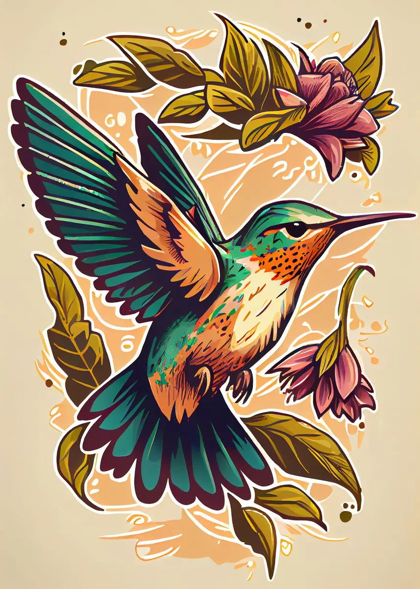 Colorful watercolor hummingbird and flower wall art canvas print, vibrant bird and floral decor for living room or home.