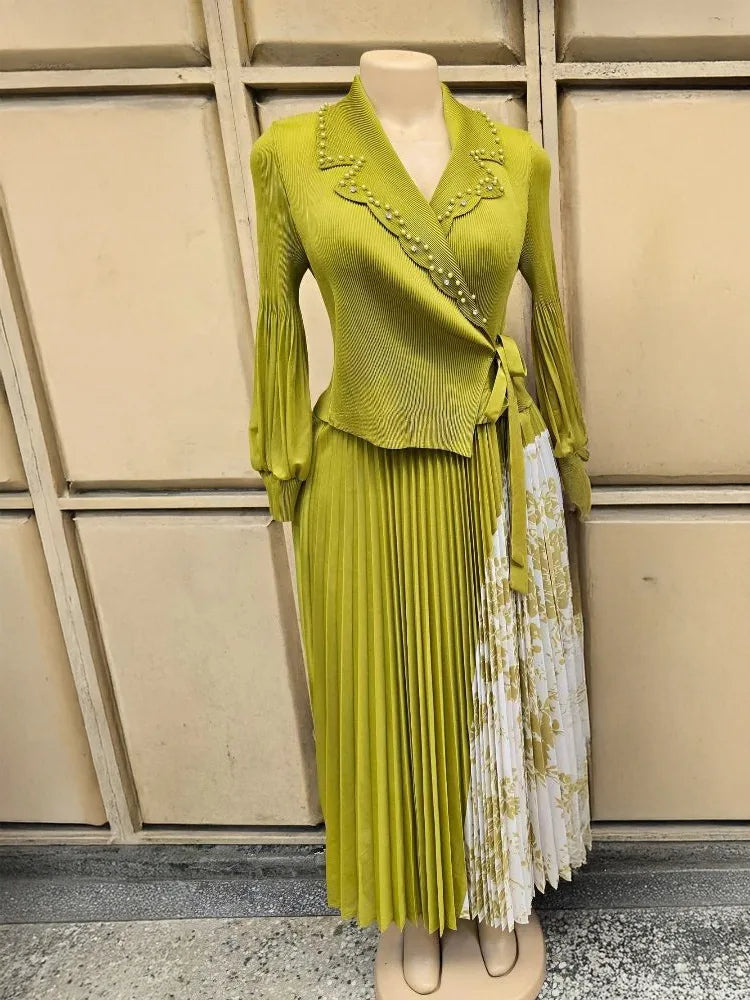 2025 Spring and Summer Vacation Two Pieces Miyake Pleated Printed Dress High-end Pleated Medium and Long Dress Women's Clothing