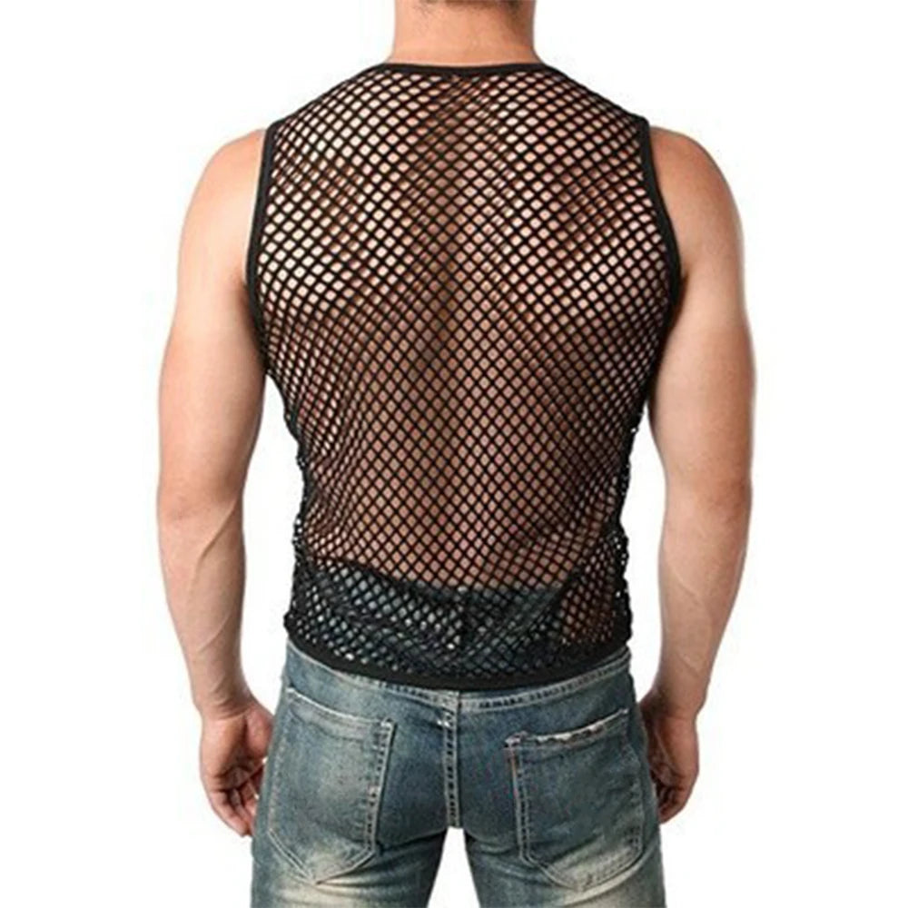 Men's transparent mesh tank top by Showlu Fashion featuring fishnet fabric, sleeveless design, ideal for night clubwear and sports.