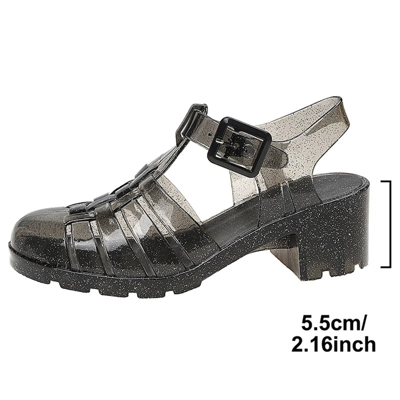 Transparent high heel sandals for women with sequins, closed toe design, thick heel, perfect for summer and beach wear.