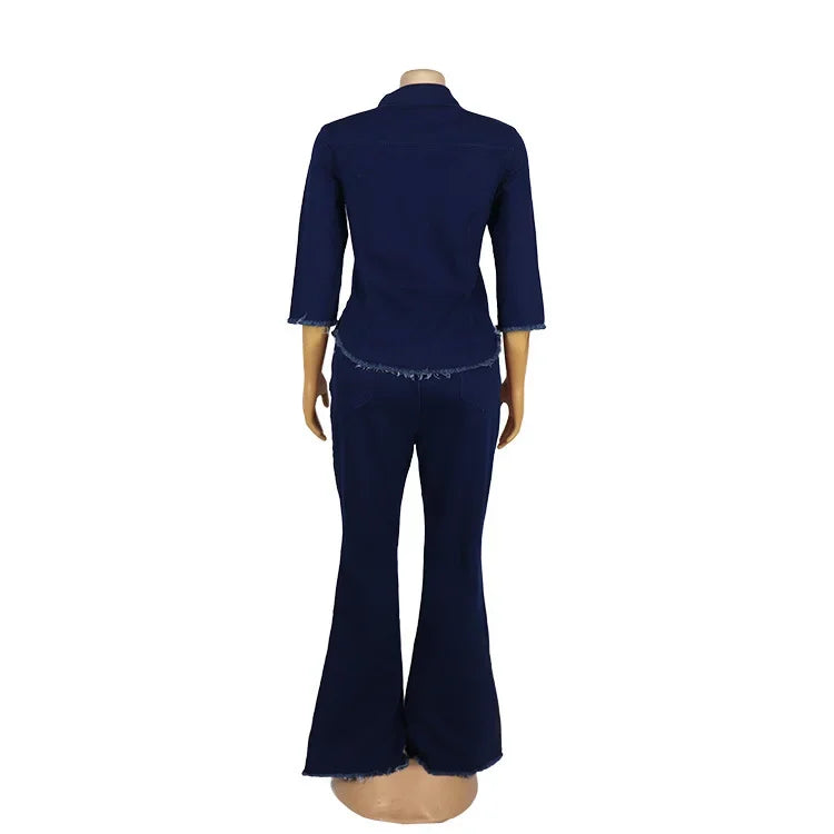 Showlu Fashion women's two-piece cowboy suit with jean jacket and flare pants, featuring a turndown collar and casual style.