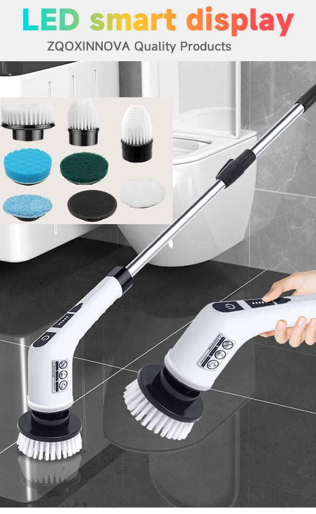 Showlu Smart General cordless electric spin scrubber with 7-in-1 cleaning brush, shown in use on bathroom tile.