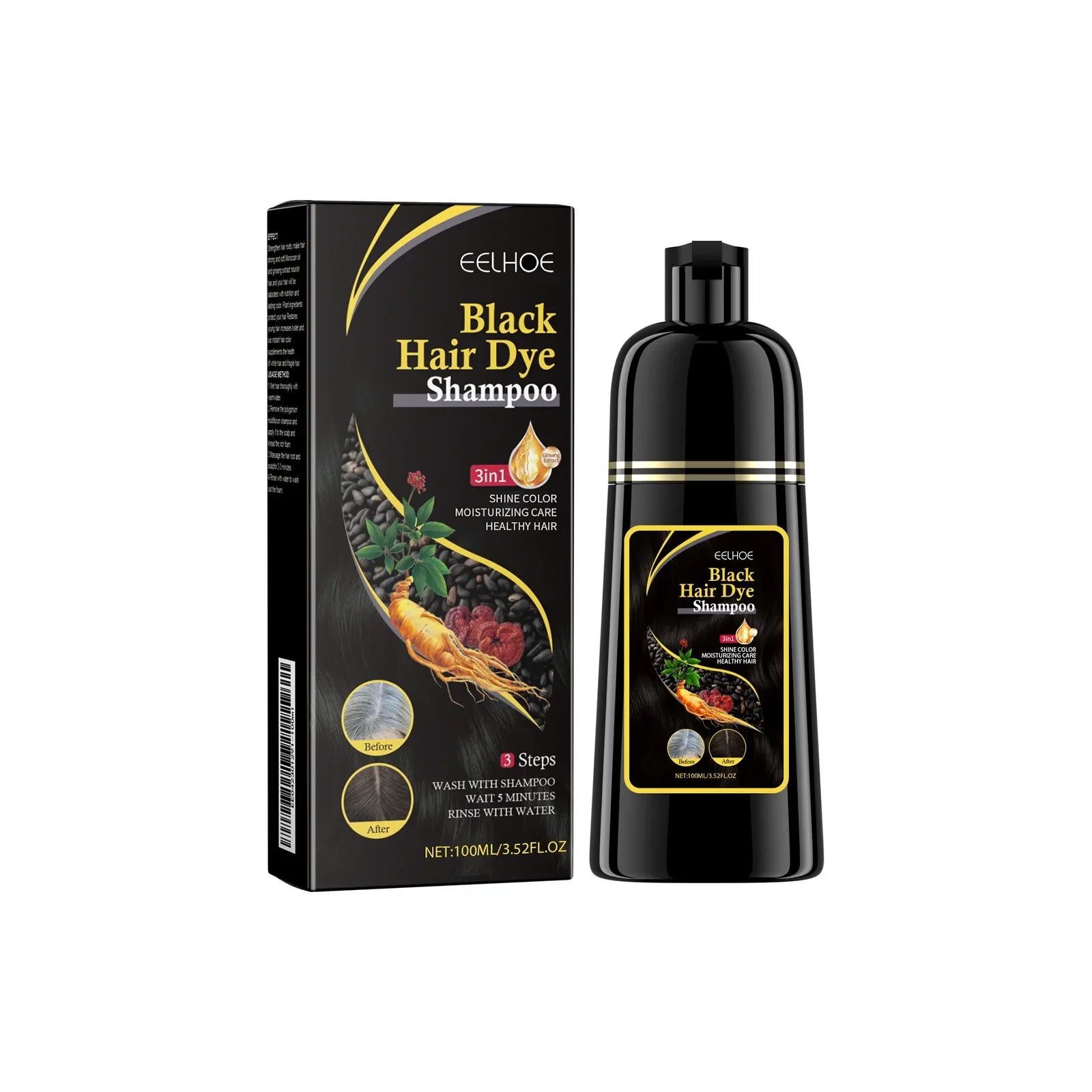 EELHOE 3-in-1 black hair dye shampoo by SHOWLU FASHION STORE with natural herbal formula for grey hair coverage, shown in bottle.
