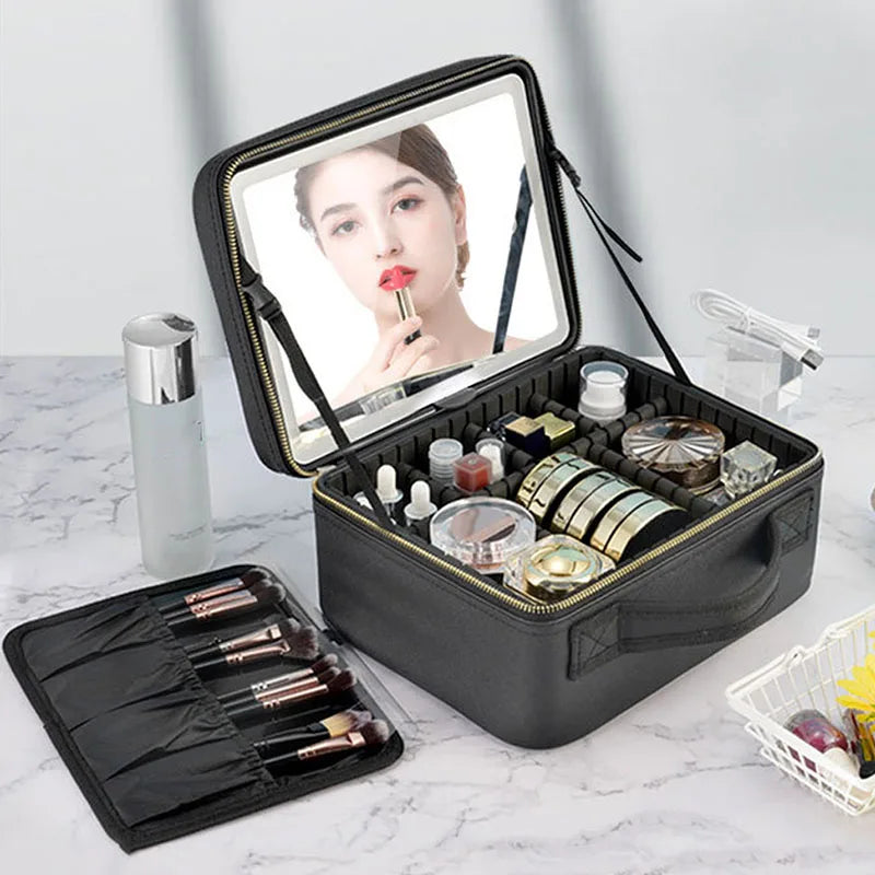 Large SNUGUG Smart LED Cosmetic Case by SHOWLU FASHION STORE, travel makeup bag with PU leather exterior and built-in LED lighting.