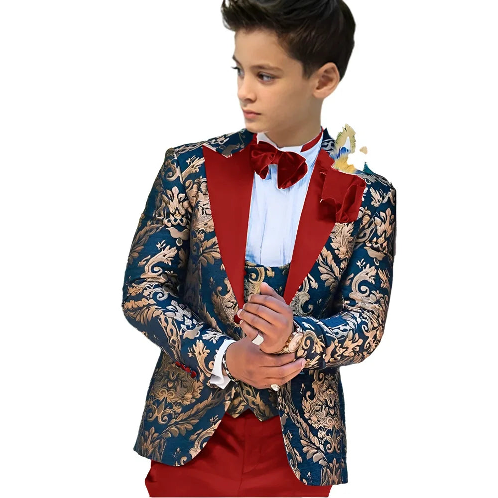 Showlu Fashion floral boys' wedding suit set featuring a tuxedo jacket, vest, and pants for kids aged 2-16 years.